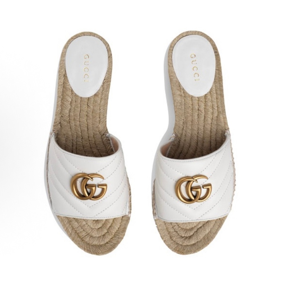 Gucci White Sandals with Gold Logo and Jute Midsole